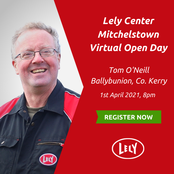 Virtual Open Day April 1st, on the farm of Tom O'Neill, Co. Kerry. Register here: lely.com/ie/mitchelstow…

Milking 130 - 150 cows, Tom installed 2 Lely A5 Astronauts, a Discovery 90 &amp; a Lely Treatment box. Tune in on April 1st at 8PM to learn more about Tom's system!