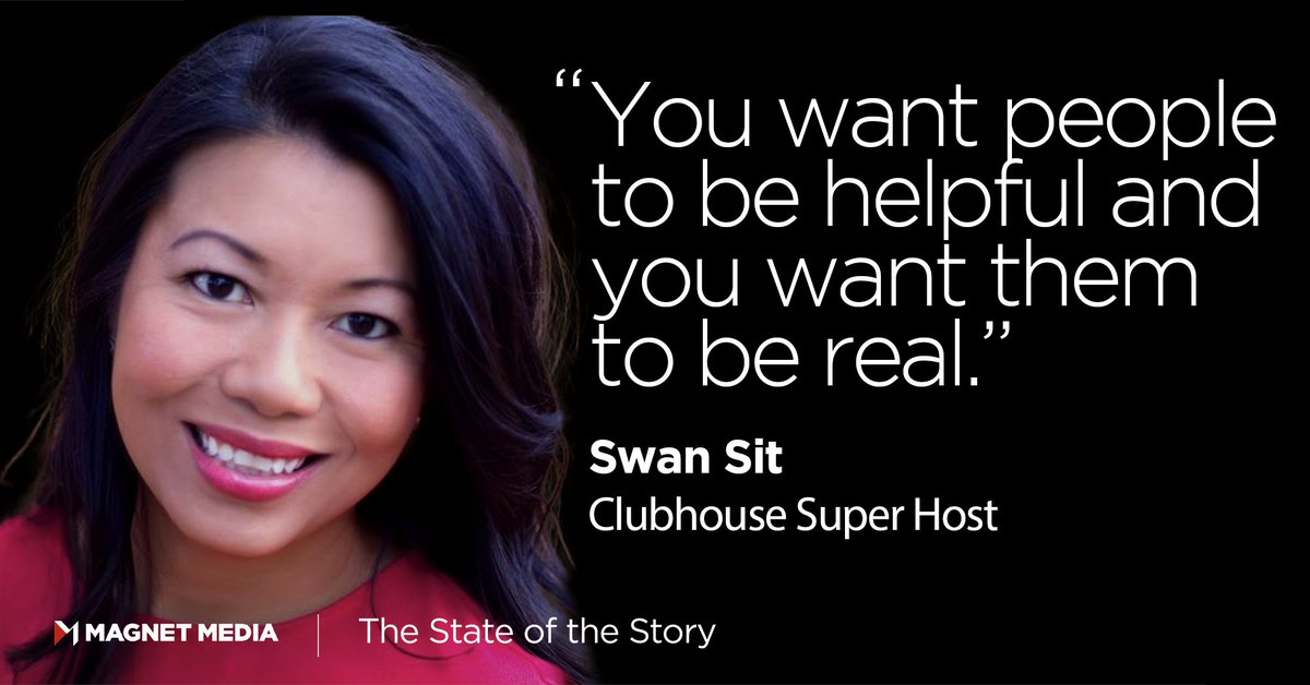 MagnetMediaInc's tweet photo. At #thestateofthestory fireside chat, @swansit explained that brands wanting to embrace Clubhouse should prioritize adding value to the communities they talk to through curated conversations. Watch the full session here: https://t.co/rpeOyUiBRO https://t.co/CGfAbicSIK