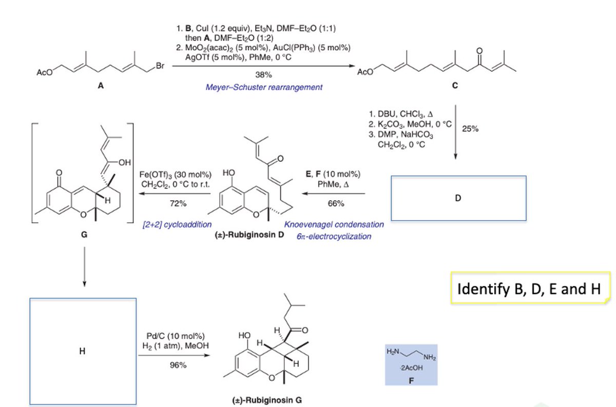 A recent paper by Jonathan H. George et al describes a biomimetic total synthesis of the Rhododendron meroterpenoids rubiginosins A and G. Can you identify reagents or intermediates B, D, E and H? scientificupdate.com/general/identi…