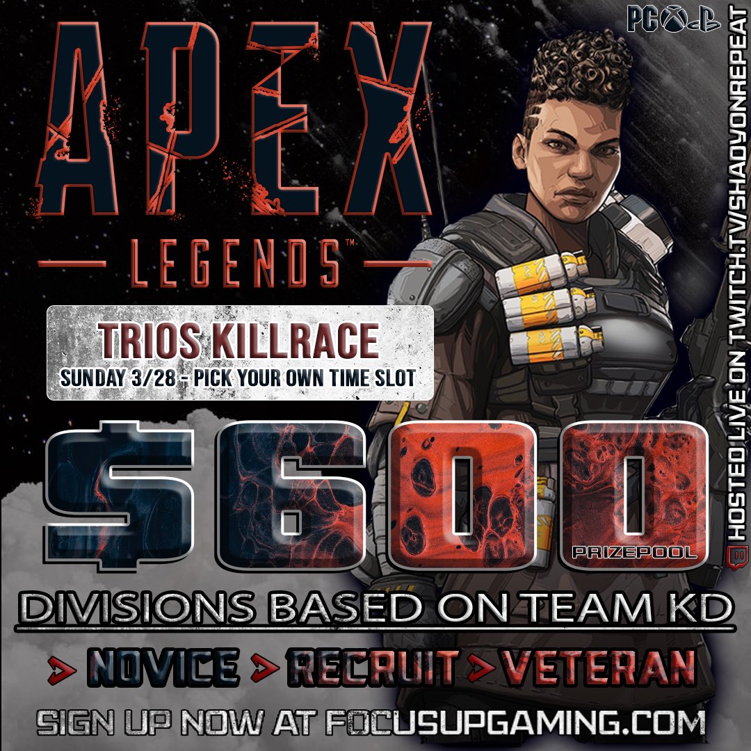 FocusUpGaming's tweet photo. APEX TOURNAMENT
- $600 Prizepool💰
- $5 Entry✅ 
- Trios (teams of three)
- Divisions based on K/D
- KILLRACE format (best FOUR games in 3 hours)
- Sunday 3/28/21 (Pick your time slot)
SIGN UP ON OUR WEBSITE (link in bio)
Join our discord for more information💯 https://t.co/W1DjktFq7H