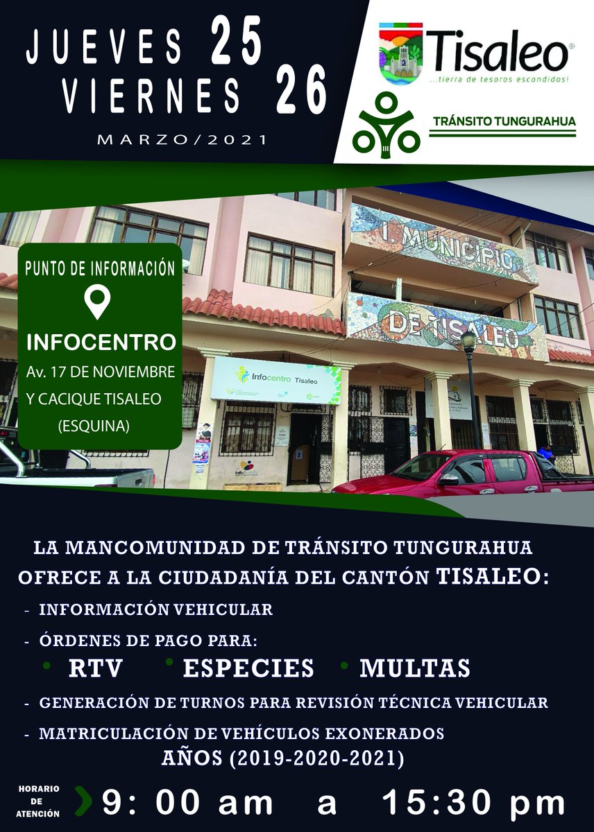 EPMTTSVT's tweet photo. #TISALEO
PUNTO DE INFORMACIÓN #HABILITADO 
- #Información de Procesos de matriculación vehicular
- #Cancelar valores de:  Revisión Técnica Vehicular-Especies-Multas
-#Generación de #TURNOS 
-#MatriculaciónDeVehículosExonerados años (2019-2020-2021) 
#MarzoÚltimosDías 
#Dígito2 https://t.co/Im4Qmg3jBY
