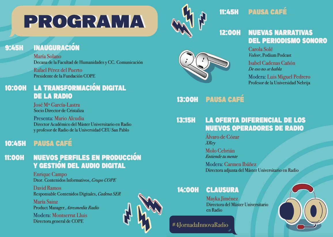 Desde este lado del mundo 🇨🇱 compartimos la #4JornadaInnovaRadio organizada por <a href="/fundacioncope/">Fundación COPE</a> y <a href="/USPCEU/">Universidad CEU San Pablo</a> donde abordarán los retos contemporáneos de la transformación digital de la radio, entre otros temas. Ojo con el cambio de horario! 
Más info👉 bit.ly/3cgqXfk