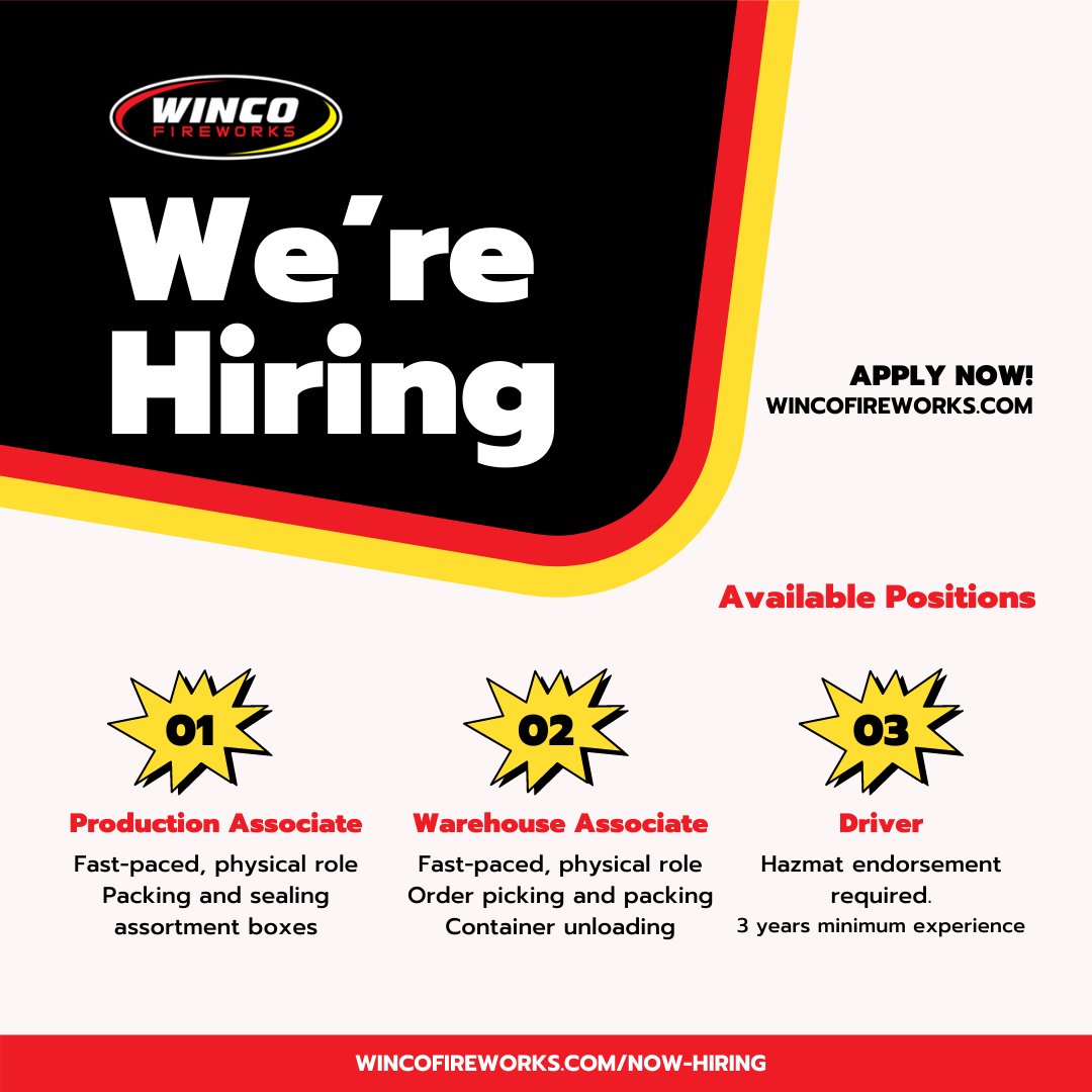 Wincofireworks's tweet photo. 💥WE'RE HIRING!💥

We are hiring new positions for our Grandview, MO warehouse! 

💥Production Associates
💥Warehouse Associates
💥Drivers

Go to https://t.co/oStJJo75Es to APPLY NOW! #wincofireworks https://t.co/3WsuetgVEL