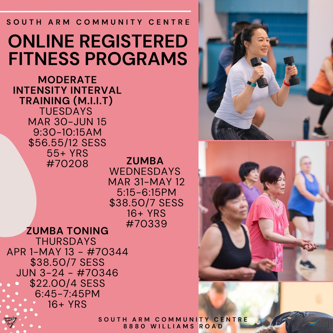 SouthArmCC's tweet photo. Missing some regular fitness? Why not try some of our new Spring online fitness programs!
Register today at https://t.co/nQSN5BVyCD or by phone at 604-276-4300 (Monday-Friday 8:30AM-5:00PM)
#southarmcc #fitnessprograms #onlineprograms #zumba #zumbatoning https://t.co/7lNk83oxKr
