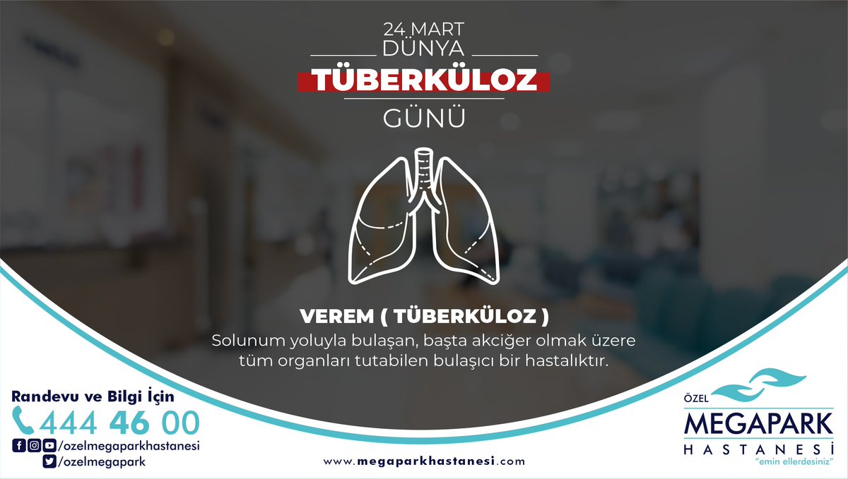 24 MART DÜNYA TÜBERKÜLOZ GÜNÜ

VEREM ( TÜBERKÜLOZ )
Solunum yoluyla bulaşan, başta akciğer olmak üzere 
tüm organları tutabilen bulaşıcı bir hastalıktır.

#Sağlık
#Verem
#Tüberküloz
#Kahramanmaraş
#ÖzelMegaparkHastanesi