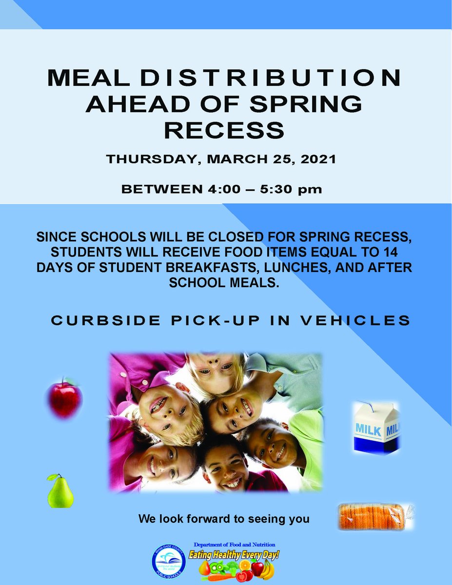 No child shall go hungry on our watch. In anticipation of spring recess, we will be providing pre-packaged meals to all <a href="/MDCPS/">Miami-Dade Schools</a> students, to last through the break. #MDCPSWellness