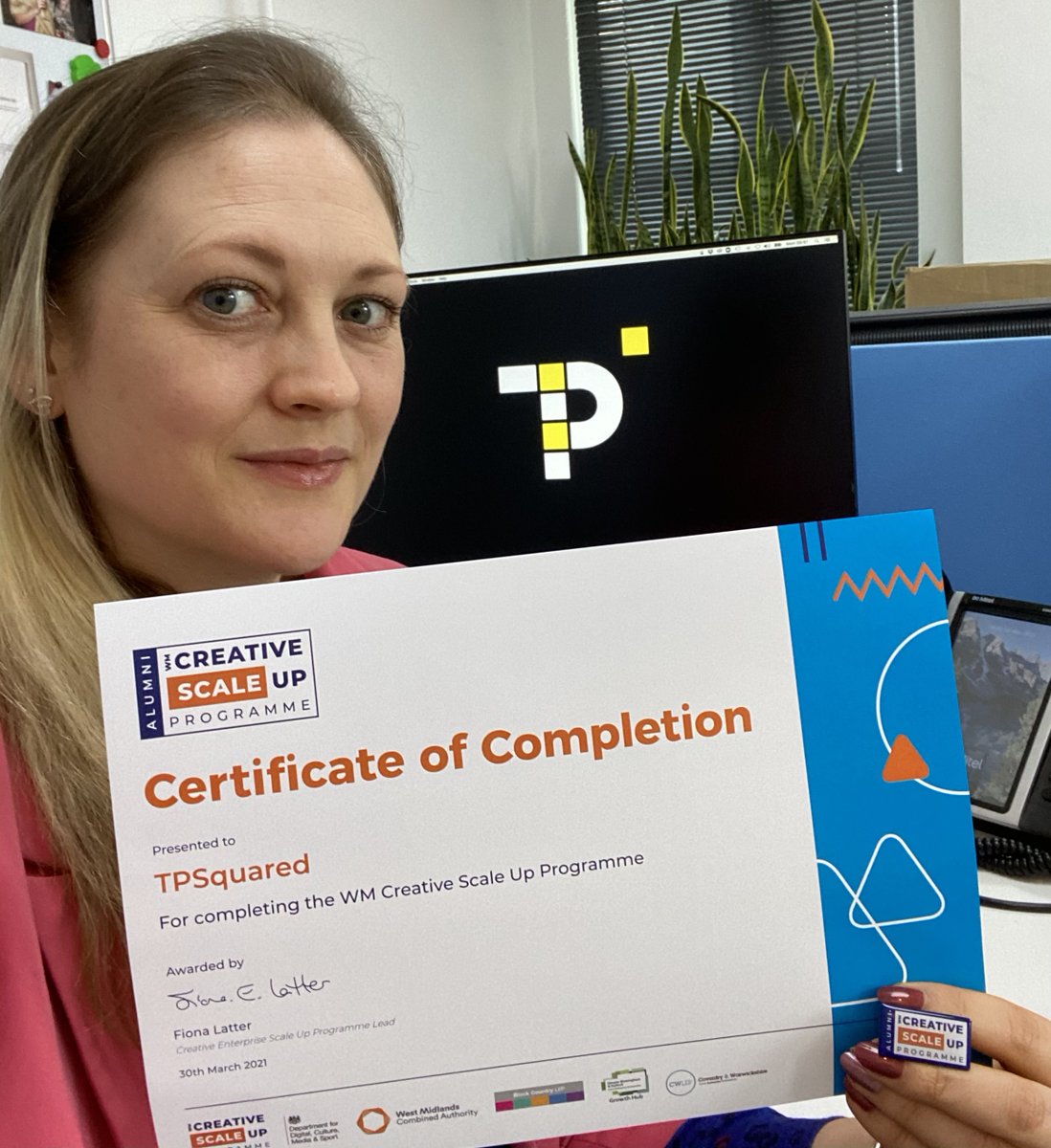 TPSquaredLtd's tweet photo. Delighted to receive our certificate from @WmScale this week having completing the creative programme last year. We are displaying our digital badges and wearing our pin badges with pride 🥳 #MidlandsHour @midlandshour #staffordshirehour @Staffordshirehr #WMScaleUp https://t.co/nScrAECCld