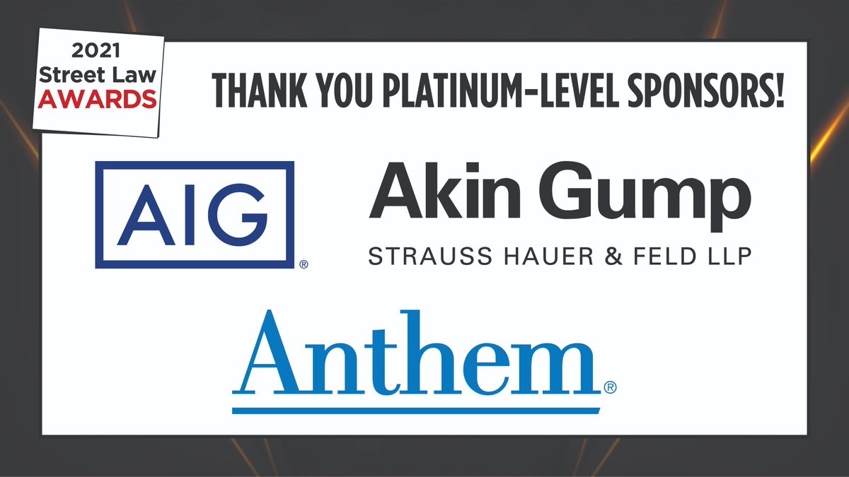 StreetLawInc's tweet photo. We wanted to give a big thank you to our partners @AIGinsurance, @akin_gump, and @AnthemInc for their generous commitment to vital #StreetLaw programs.
We look forward to seeing you at our virtual #SLIAwards Program on April 21! https://t.co/vSuhm85Kzq