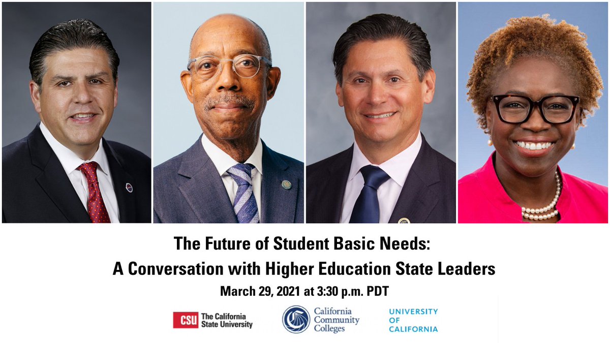 Removing barriers to achievement means addressing and supporting students' well-being.

Join CSU Chancellor <a href="/JosephICastro/">Joseph I. Castro</a>, @UCPrezDrake, CCC Chancellor <a href="/EloyOakley/">Eloy Ortiz Oakley</a> and Dr. <a href="/Lande_Ajose/">Lande Ajose</a> for a conversation on the future of student basic needs on March 29: bit.ly/3tKWDzc
