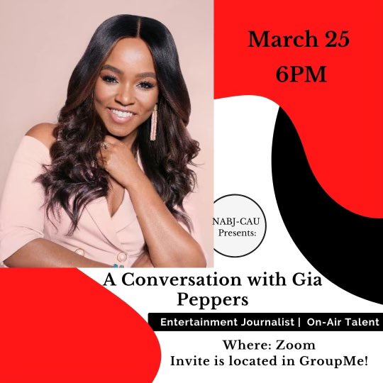 Tomorrow ➡️We are excited to have on-air talent and entertainment journalist @GiaPeppers come and speak to our members! The event will start at 6 PM! Make sure you’re there 🔥 Paid members will receive the Zoom info in the GroupMe! #CAU #CAU22 #CAU23 #CAU24