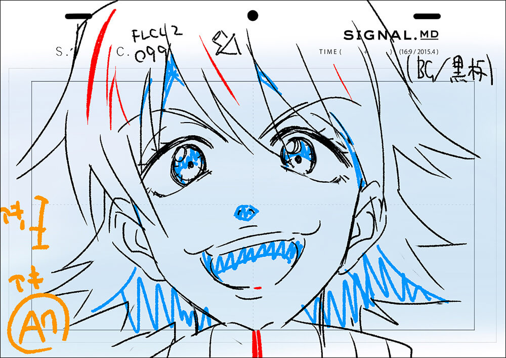FLCL Progressive (フリクリ プログレ) : Digital Animation Production Process (EP #05; SIGNAL. MD)
1- Storyboard.
2- Layout.
3- Layout Drawing Director correction.
4- Key Animation.