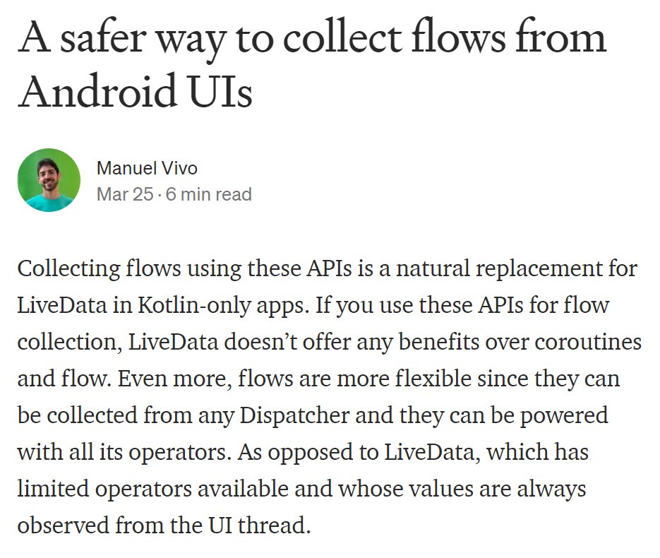 androiddevnotes's tweet image. LiveData is no longer recommended.
(medium.com/androiddevelop…)
The new APIs behave similarly to LiveData and LiveData doesn’t offer any benefits over Coroutines and Flow.
New APIs: repeatOnLifecycle / flowWithLifecycle
#AndroidDev
