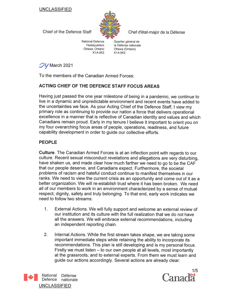 CDS_Canada_CEMD's tweet photo. Letter from the Acting Chief of the Defence Staff, Lieutenant-General Eyre, 24 March, 2021.

1/2 https://t.co/yirwkzVI4V