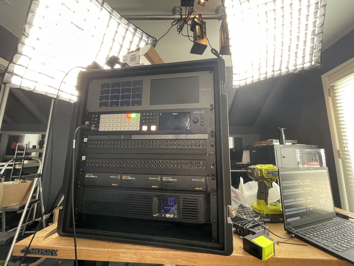 Erdayastronaut's tweet photo. Fly case is pretty much done. Now the perma-rack for permanent fixtures is being built. My hands are sore from making SDI cables 😅 @andrutay and @bstineman are tearing it up!!! We’ve got some really cool tricks up our sleeves with this @Blackmagic_News gear 🙌 #DearMoonCrew https://t.co/p4Fsf53mAo