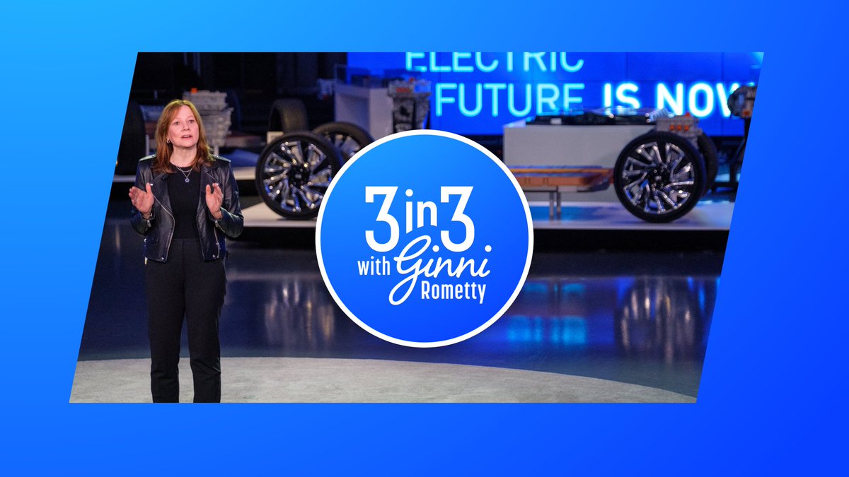 GinniRometty's tweet photo. 3-in-3 is back, and in just 3 minutes, @mtbarra and I are talking all about @GM, including what it means to earn customer trust, and how she plans to bring electric vehicles to the mass market. Watch our conversation here: https://t.co/2Y384yMon3 https://t.co/fAuxOp8ifN