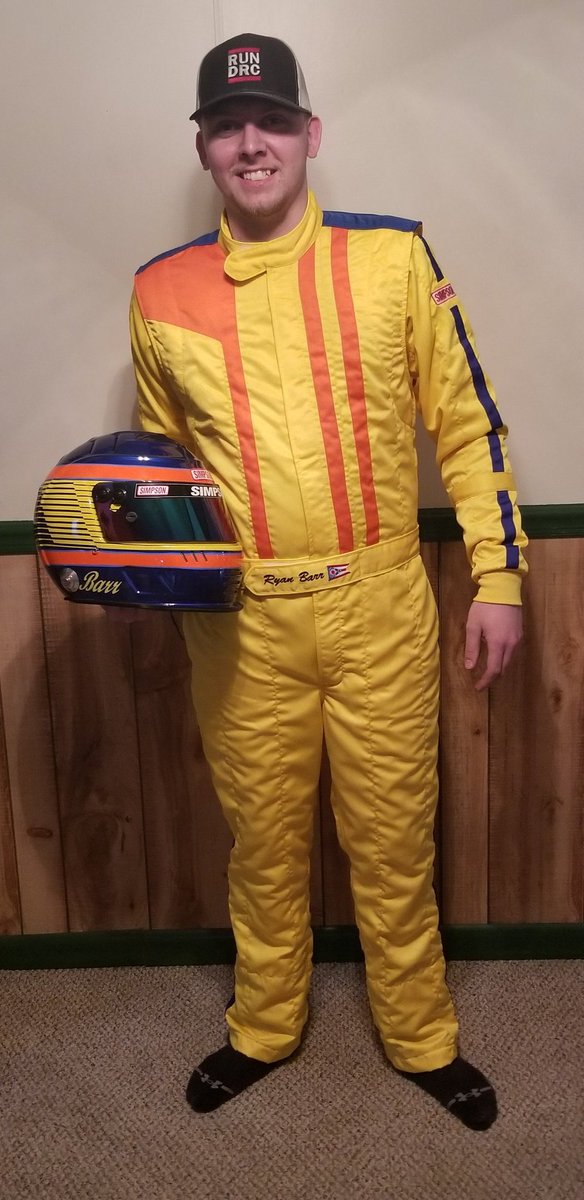 barrracing21's tweet photo. Ryan's new throw back suit showed up today. To complete the tribute to some Ohio legends. The helmet is a copy of Jack Hewitt's and the suit is a copy of Rick Ferkel's.  Thank you Metalbrite Polishing, and Simpson Race Products.
#mysimpson #teamsimpson https://t.co/kqClDHX0H3
