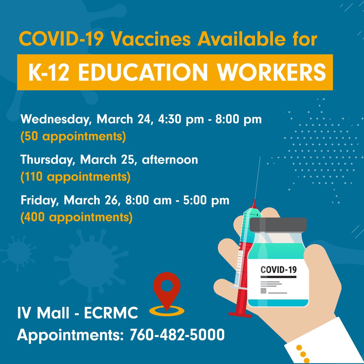 ImperialCOE's tweet photo. Working with our partners at ECRMC, we have secured dedicated appointment slots for K-12 vaccinations according to the following schedule:

📍Location: IV Mall ECRMC Location (near the food court)
☎️ Make an appointment: 760-482-5000 https://t.co/2N5YhiPY9c