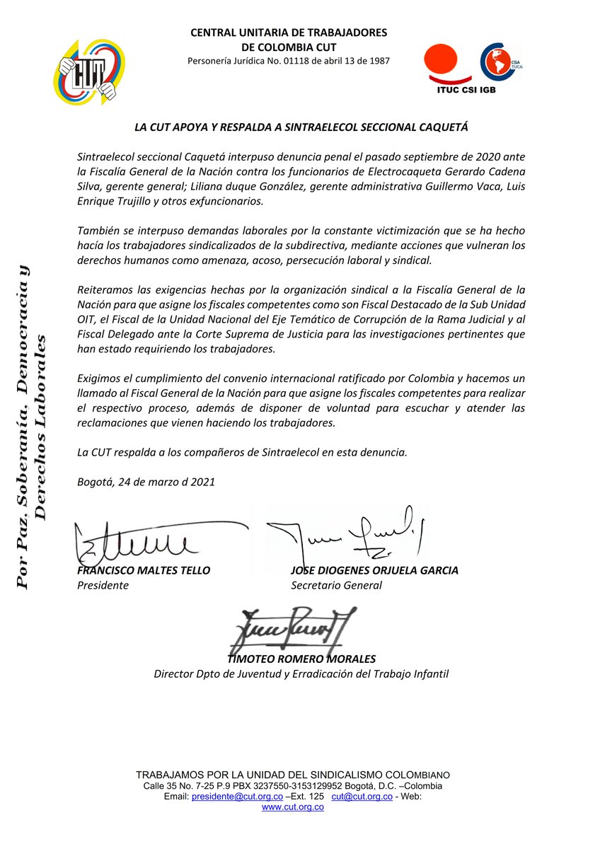 sintraelecolnac's tweet photo. LA CUT APOYA Y RESPALDA A SINTRAELECOL SECCIONAL CAQUETÁ
#Cut #caqueta #lacutapoya #cutnacionaL https://t.co/1ZWWV19lV8