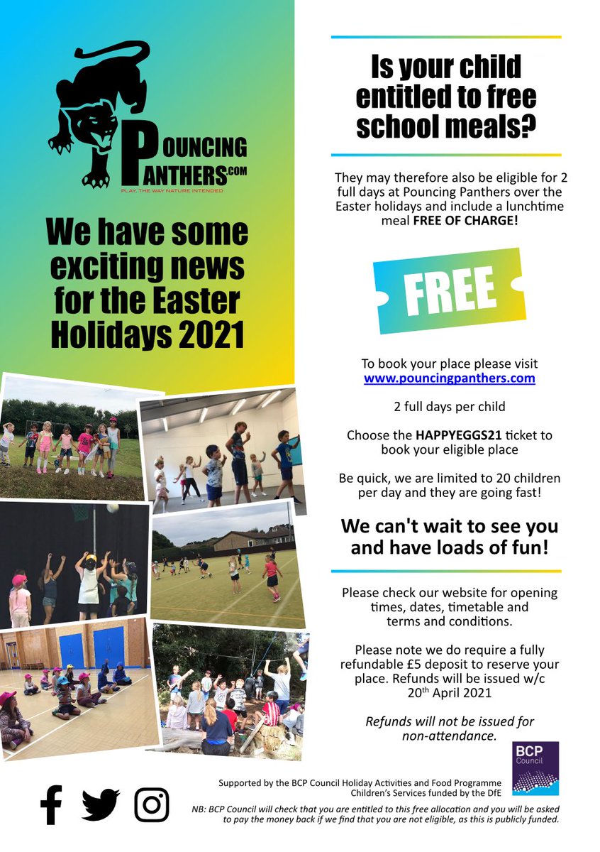 PouncinPanthers's tweet photo. 💥THIS IS IT! 💥We are delighted to announce we are BACK OPEN FOR EASTER!! We are also welcoming ALL children that are entitled to a free school meal to TWO FREE DAYS at our club including lunch!! 🍉🥪 Aged 5-12 years only.❤︎🧢 #PleaseShareAndLike @BCPCouncil @MudefordWood 🙏 https://t.co/R3aKxPUItx