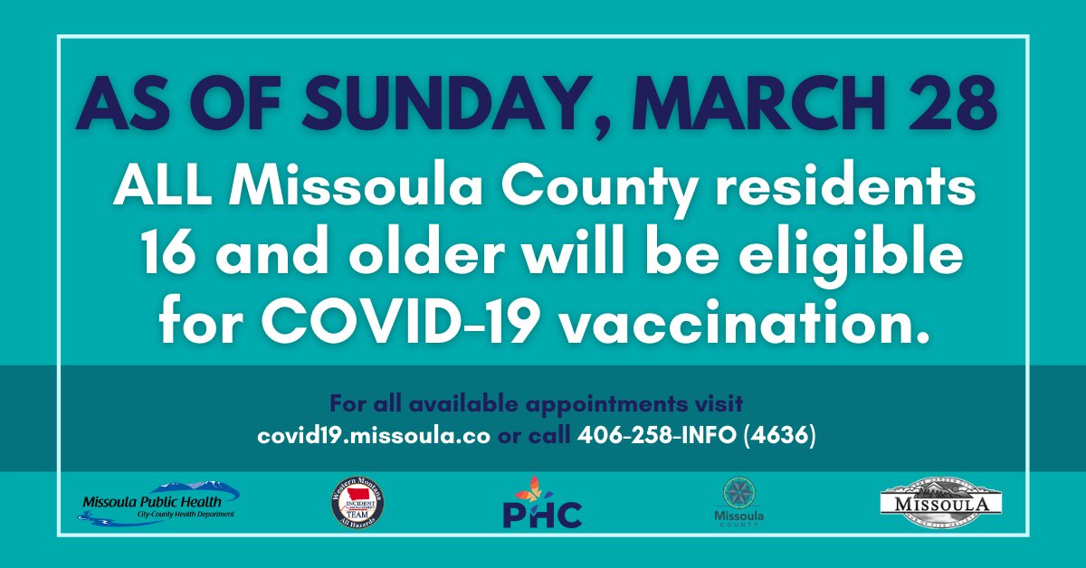 ✨Missoula County will open COVID-19 vaccine availability to ALL county residents 16 and older Sunday, March 28.✨
<a href="/MslaCountyOEM/">Missoula County 911</a> <a href="/MslaHealthDept/">Missoula Public Health</a>