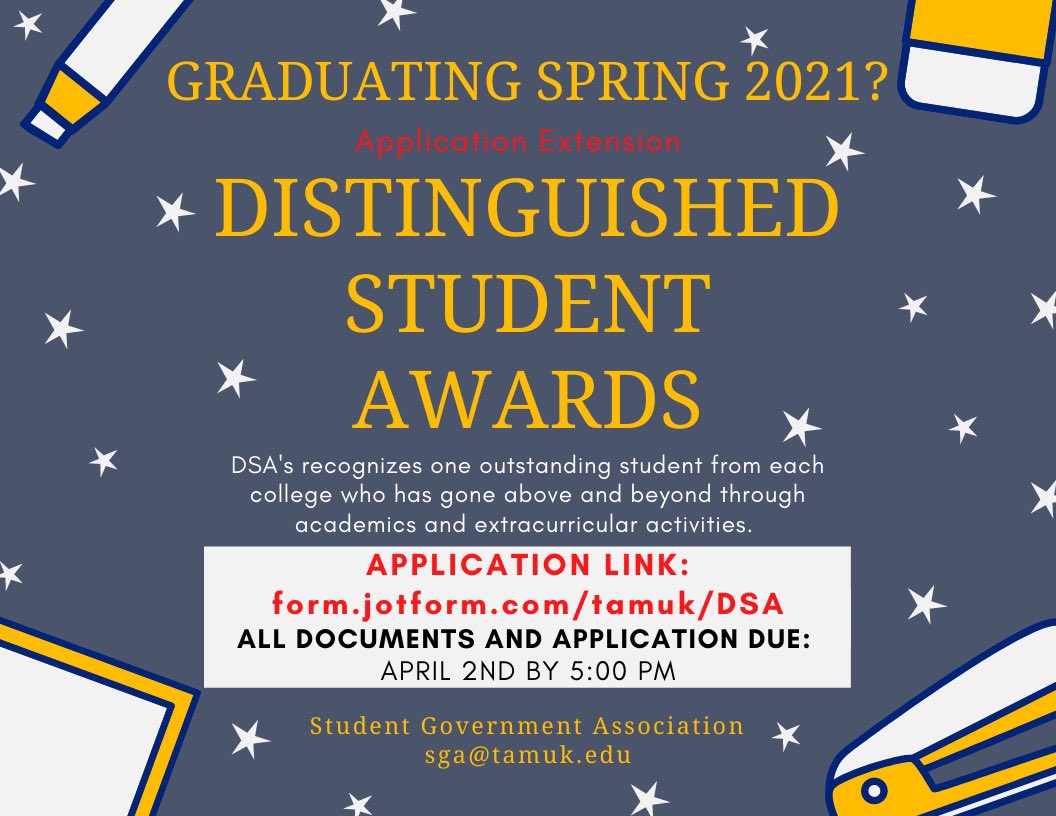 TAMUKSGA's tweet photo. Applications for the Distinguished Student Award have been extended! Visit https://t.co/5rwaZpAGIn to apply. https://t.co/pcvy5yYwh5