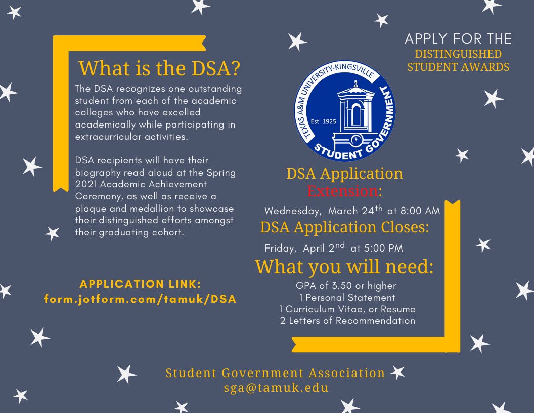 TAMUKSGA's tweet photo. Applications for the Distinguished Student Award have been extended! Visit https://t.co/5rwaZpAGIn to apply. https://t.co/pcvy5yYwh5