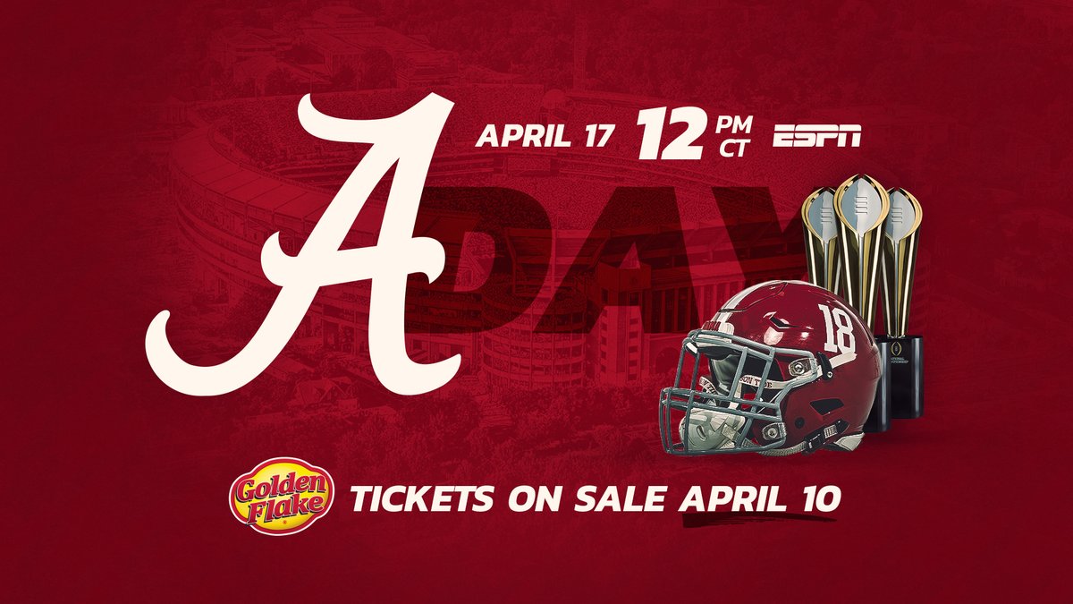 UA_Athletics's tweet photo. Tickets for @Golden_Flake A-Day will go on sale to the general public on Saturday, April 10!

https://t.co/MbFTxPw5R8

#RollTide https://t.co/fLbIN4AZJJ