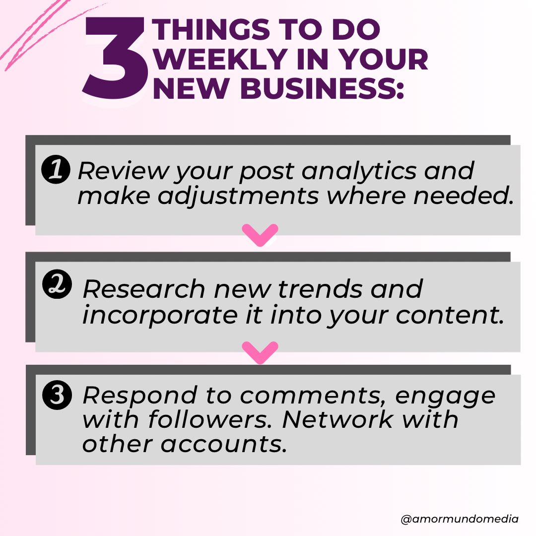 amormundomedia's tweet photo. 🛑 Your weekly new business checklist. 

✅ Reviewing weekly analytics, researching new trends and engaging with followers is a must for any new business. #socialmedia #digitalmarketing #smallbusinesstips https://t.co/sdEPqsAr83