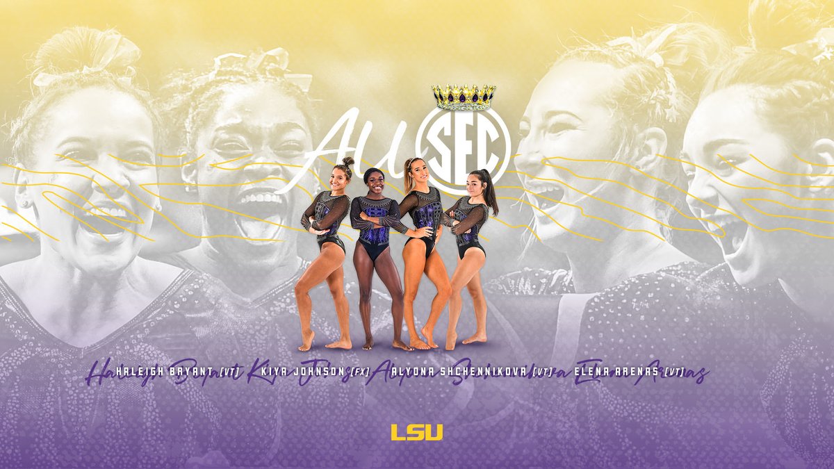 LSUgym's tweet photo. Haleigh Bryant, Kiya Johnson, Alyona Shchennikova and Elena Arenas are our All-SEC performers! https://t.co/wk7XY5BLWS