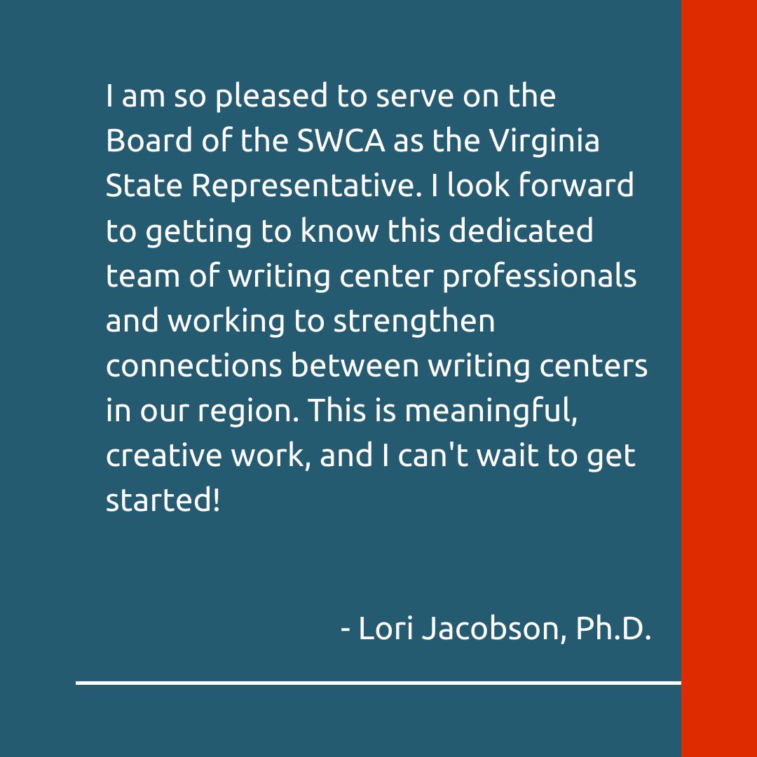 SWCA_WC's tweet photo. This #writingcenterwednesday, SWCA would like to feature Lori Jacobson, Virginia Representative! @wmWRC https://t.co/XrJ7SofzaQ