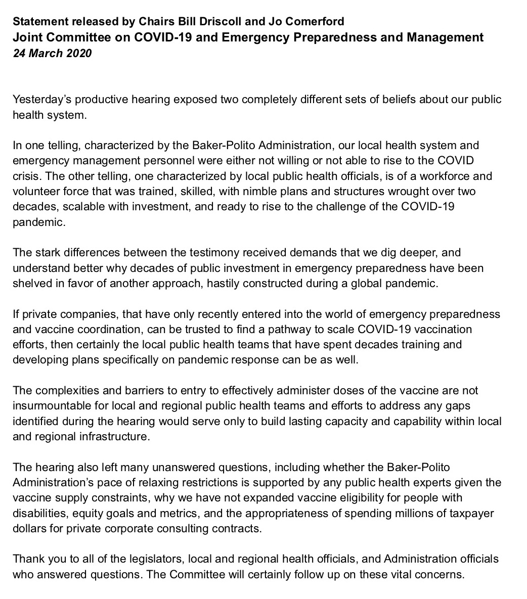 Joint statement w/ <a href="/BillDriscollJr/">Rep Bill Driscoll Jr</a> re MA Leg. 3/23 #COVIDOversight committee hearing on #vaccine rollout: