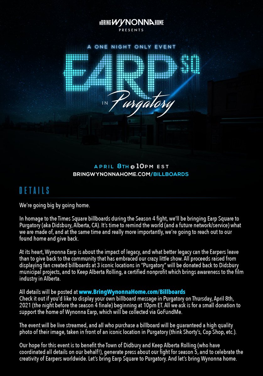ViewserAlert's tweet photo. ✨ CALLING ALL EARPERS! ✨

Join us on April 8th, for Earp Square in Purgatory. All information is below! #WynonnaEarp

To participate, check out the GoFundMe page here: https://t.co/AHDuHx2QlH 

It's time to #BringWynonnaHome. https://t.co/SDHfpupShv