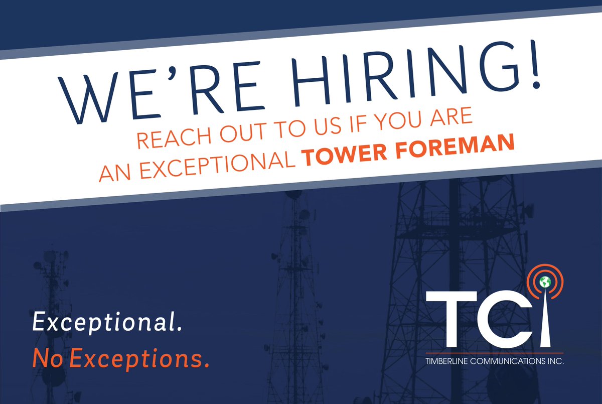 Timberline_Comm's tweet photo. Timberline Communications is looking for an exceptional Tower Foreman. Please reach out to us if you or someone you may know would like to join our team.

#exceptionalnoexceptions #hiring #wirelessconstruction #towertech #telecommunications https://t.co/iYPBAEzLoE