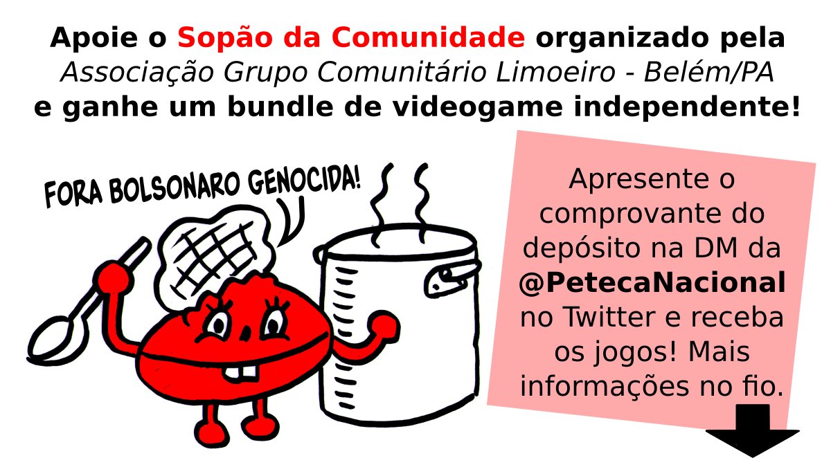 PetecaNacional's tweet photo. A Associação Grupo Comunitário Limoeiro (Belém/PA) está aceitando contribuições para realizar o Sopão da Comunidade! Em solidariedade, a Peteca está organizando um indie bundle como retribuição para cada doador, é a #SopaDeJogos! Leia o fio e veja como participar ⬇️ https://t.co/vNTdMdvt2b