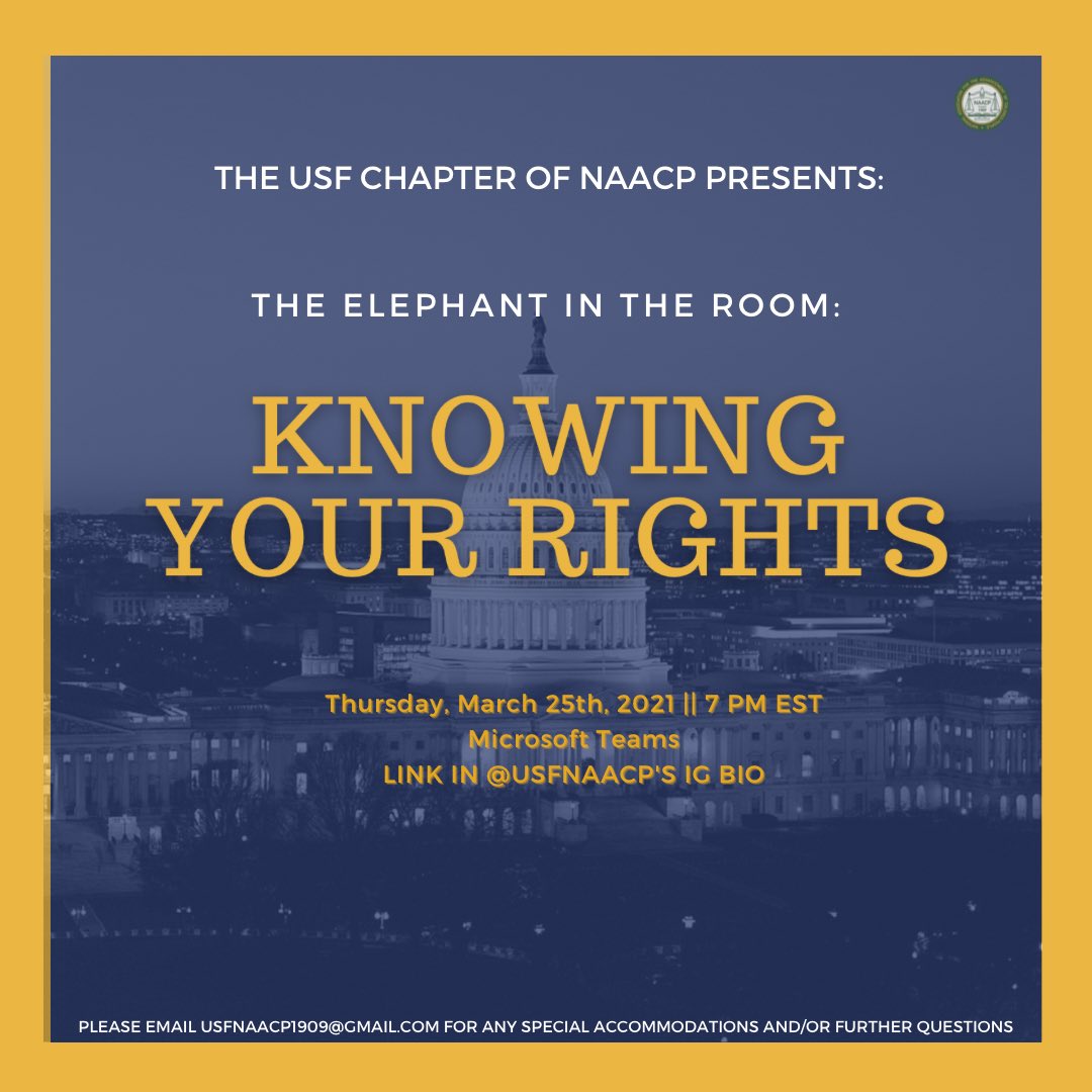 The USF Chapter of NAACP presents the final part of our March series: Knowing Your Rights. In this event, we will talk about the double standards which benefit the majority but, are a detriment to minorities when it comes to police brutality and protesting. Don’t miss it!