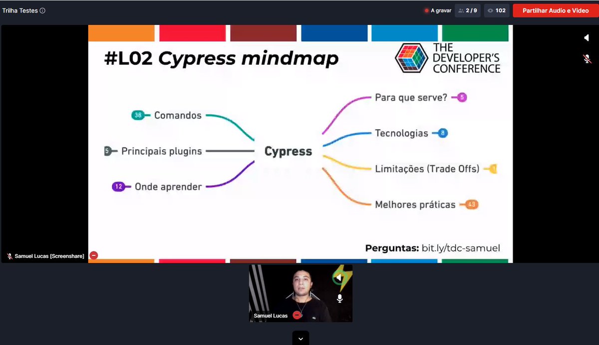 arianizac's tweet photo. O @samlucax está trazendo para #trilhatestes sua experiência em "Lições aprendidas usando Cypress em projetos e ensino" #thedevconf @TheDevConf https://t.co/NFeX3Swyji
