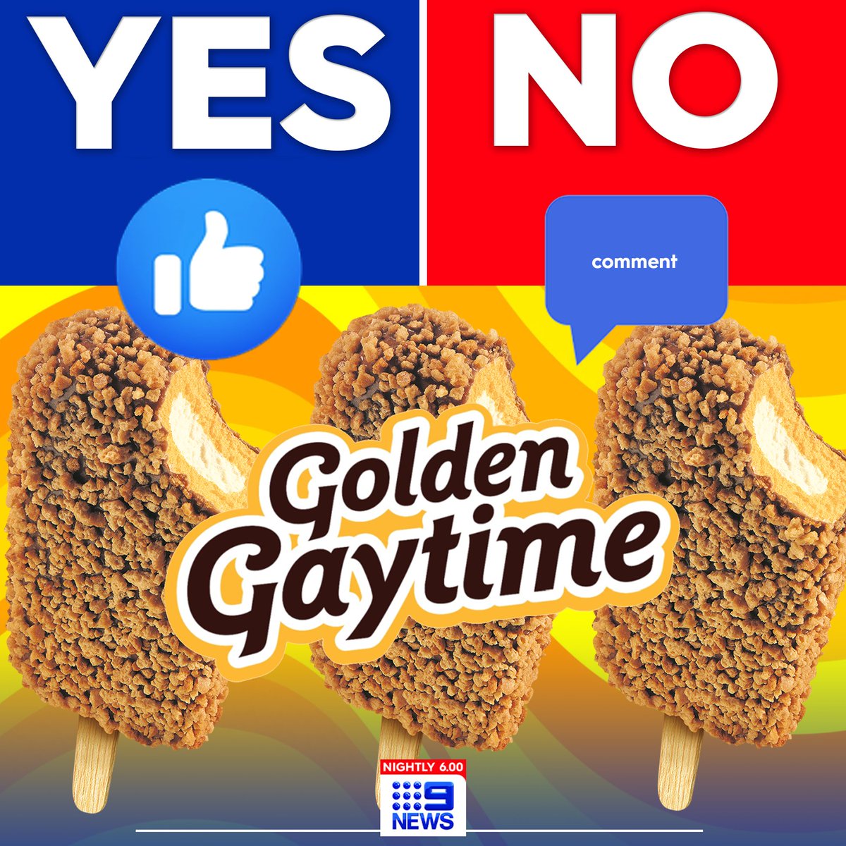 9NewsAUS's tweet photo. Should Golden Gaytime be RENAMED? 🍦 

A debate is raging across Australia thanks to an online petition calling for the classic Aussie treat to rebrand over claims the name is 'outdated' and 'offensive'. #9News

Streets has since responded to the petition: https://t.co/sg48uQT7rT https://t.co/1gVgkRjyVn