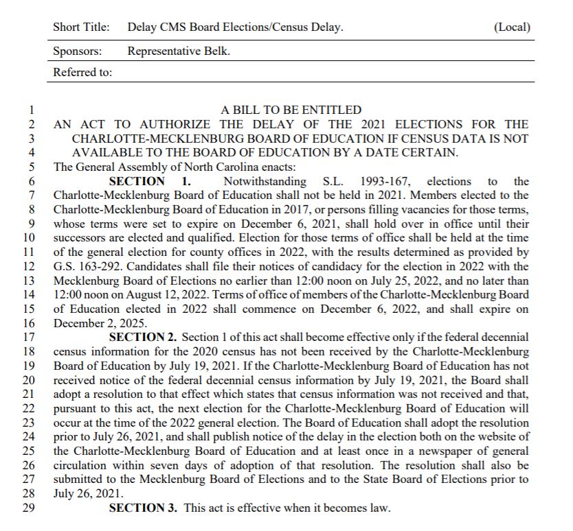 JoeBrunoWSOC9's tweet photo. A bill has been filed to delay CMS Board elections until 2022 if Census data is not received by July 19 #ncpol #CMSBd @wsoctv https://t.co/KW8g0rYaoU