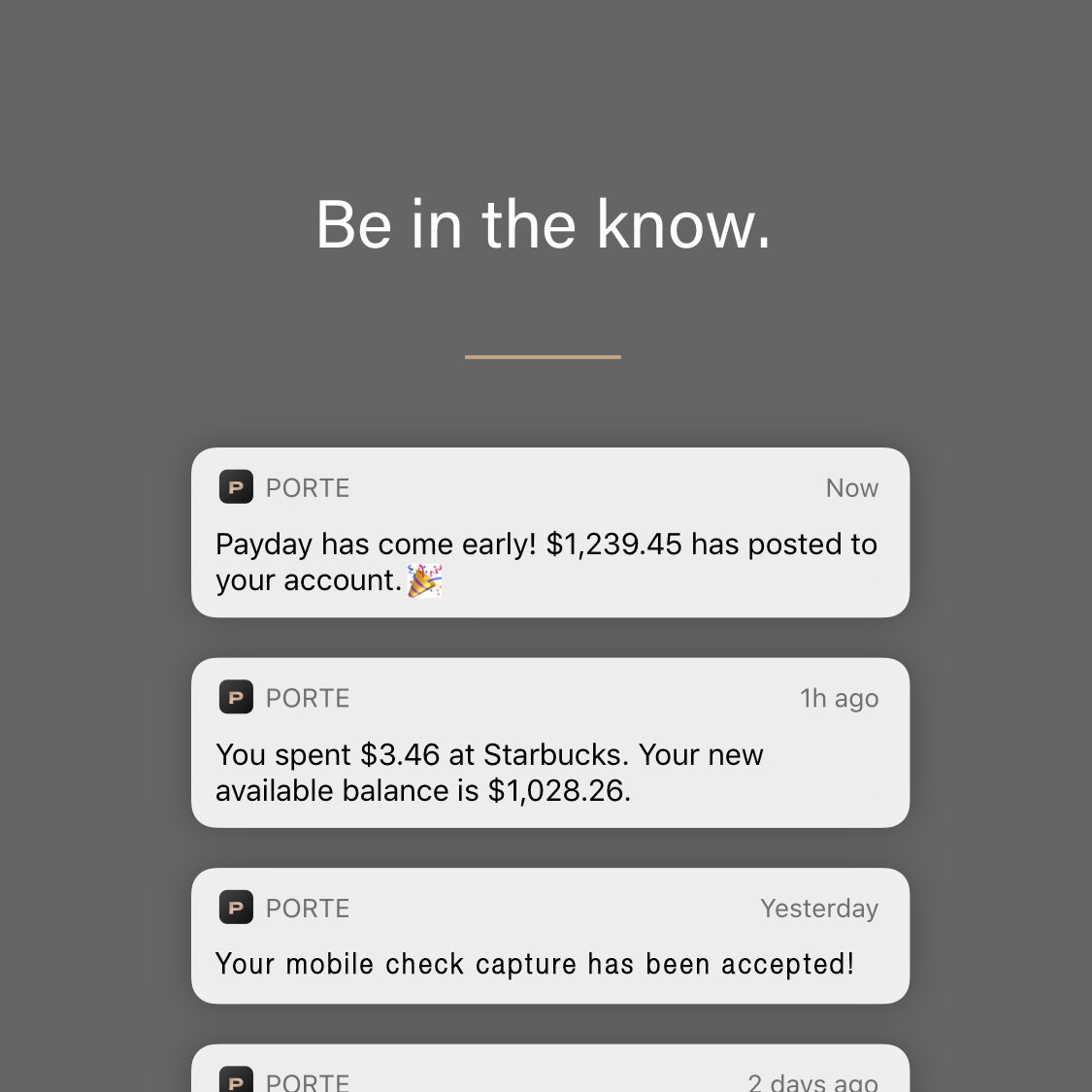 JoinPorte's tweet photo. Direct deposit alerts > good morning texts. #PorteBanking https://t.co/EDsILwktid