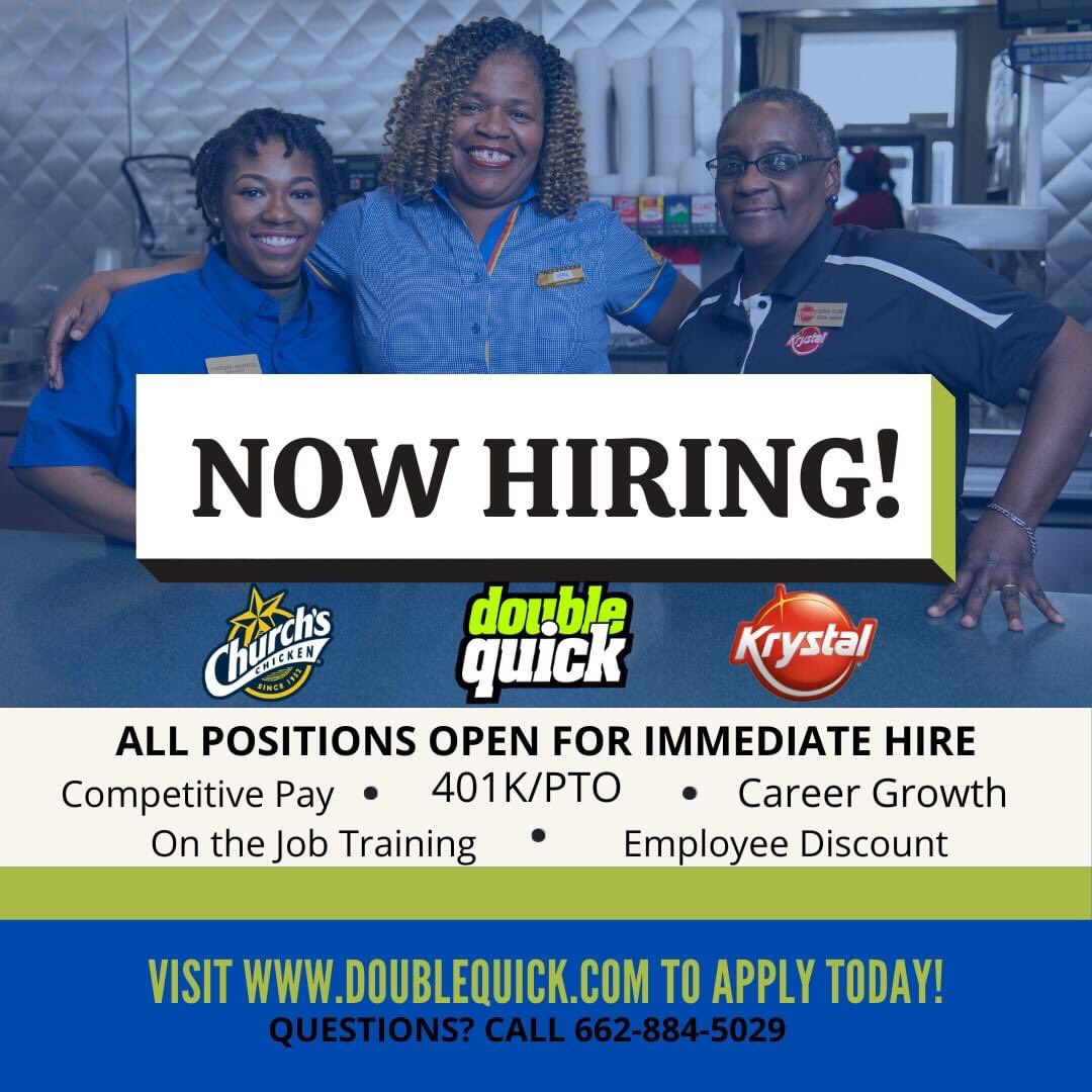 DoubleQuick_'s tweet image. Hey, you! We want you on our team!💙
.
✅Apply Here: doublequick.com
.
.
.
#jobs #hiring #money #career #opportunity #doublequick #ChurchsChicken #kystal #mississippi #arkansas