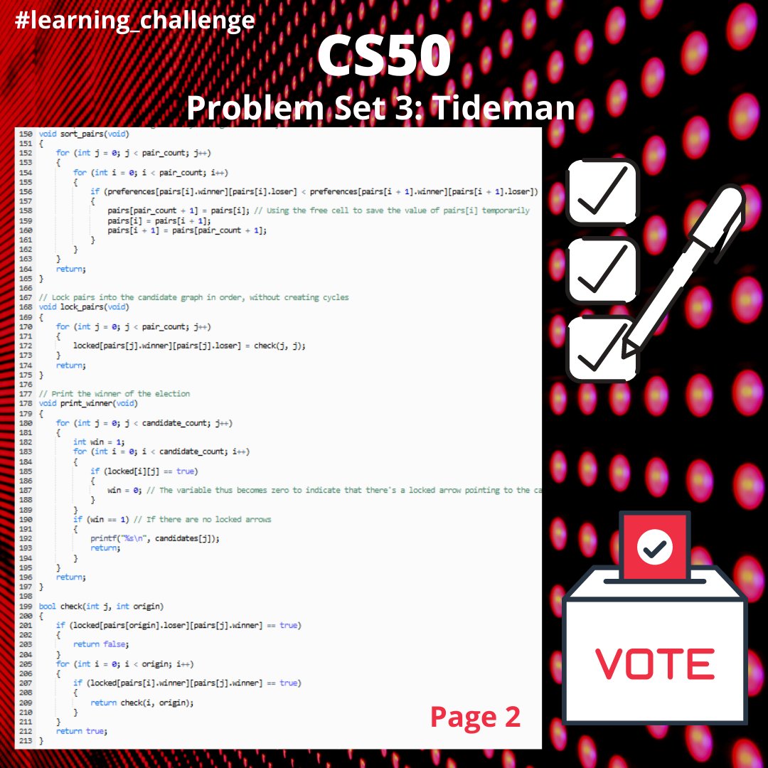 Dziyana9's tweet image. The 2nd exercise in #CS50 Problem Set 3 sure was tiresome😩! I had to complete the program for the ranked-choice elections. Took me several hours of brainstorming.
Conclusion: I really prefer good old majority elections 😂
#learning_challenge #computerscience #learningprogramming