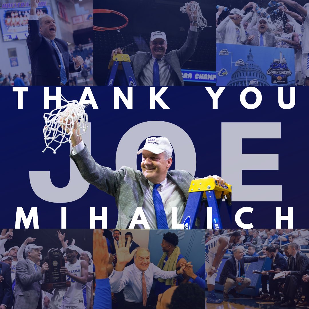 Hofstra Chronicle Sports (@huchronsports) on Twitter photo 7️⃣ years as head coach
4️⃣ 20-win seasons
4️⃣ Postseason appearances
3️⃣ Regular season titles
🏅 2019 CAA Coach of the Year
🏆 2020 CAA Champions
An incredible career for @hofstrambb head coach Joe Mihalich – The Hofstra community thanks you.
Graphic: <a href="/antjroberts/">Anthony Roberts</a> 7️⃣ years as head coach
4️⃣ 20-win seasons
4️⃣ Postseason appearances
3️⃣ Regular season titles
🏅 2019 CAA Coach of the Year
🏆 2020 CAA Champions
An incredible career for @hofstrambb head coach Joe Mihalich – The Hofstra community thanks you.
Graphic: <a href="/antjroberts/">Anthony Roberts</a>