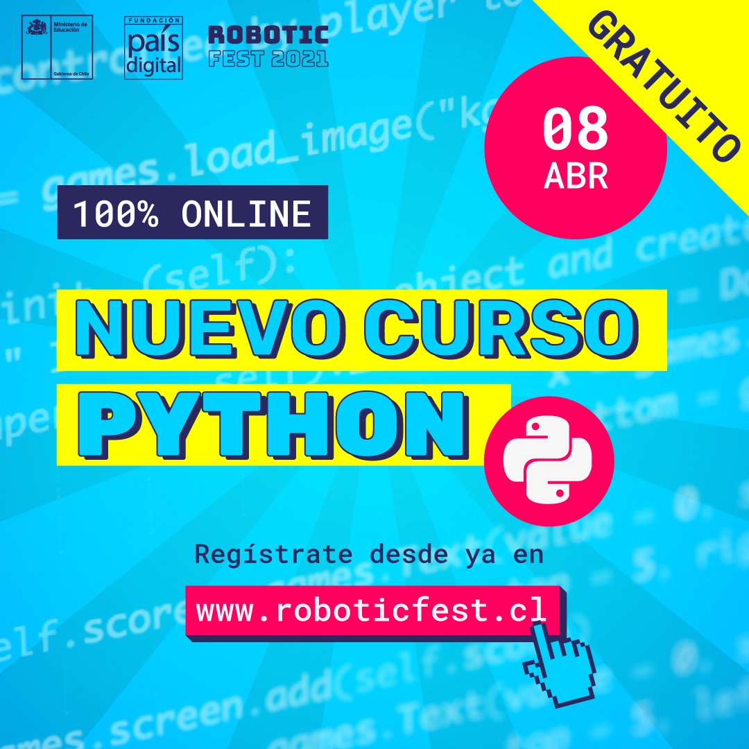 fpaisdigital's tweet image. #RoboticFest 🤖
Nuestra motivación es que sigan aprendiendo con los diferentes cursos que hemos preparado junto a @Mineduc, hoy los invitamos a reservar el 8 de abril y prepararse para lo que será #Python! 🚀
Inscríbete gratis en 🔗roboticfest.cl
