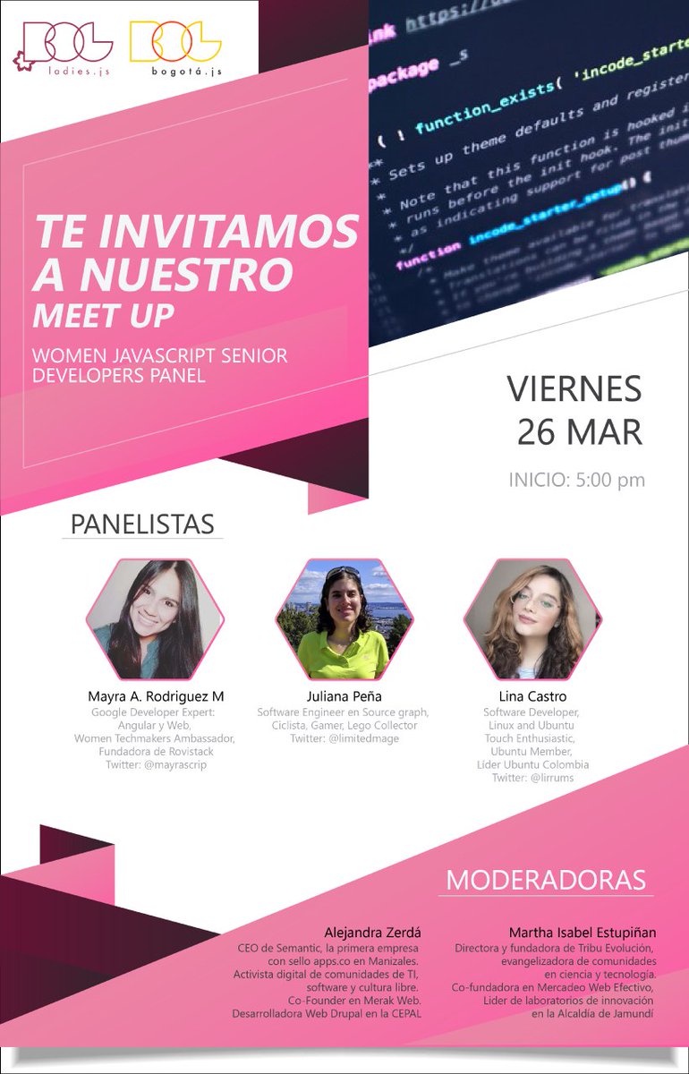 Nos vemos este viernes 26 de marzo a las 5pm en el Women JavaScript Senior Developers Panel. Lxs esperamxs!

meetup.com/BogotaJS/event…

<a href="/MonteriaJS/">Montería JS</a>
<a href="/QuibdoJs/">Quibdójs</a>
<a href="/ManizalesJS/">Manizales JS</a>
<a href="/VillavicencioJS/">VillavicencioJS</a>
<a href="/bucaramangajs/">Bucaramanga JS</a>
@barranquillajs
<a href="/PereiraJS_/">PereiraJS</a>
<a href="/MedellinJS/">MedellinJS</a>
<a href="/popayanjs/">PopayánJS</a>