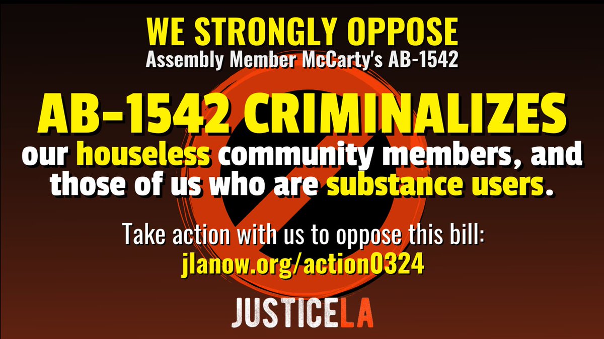 JusticeLANow's tweet image. ‼️ We strongly oppose Assembly Member McCarty’s AB-1542.

🗣AB-1542 criminalizes our houseless community members, and those of us who are substance users.

📣 Take action with us to oppose this bill!!

➡️ jlanow.org/action0324

#JusticeLA #OpposeAB1542