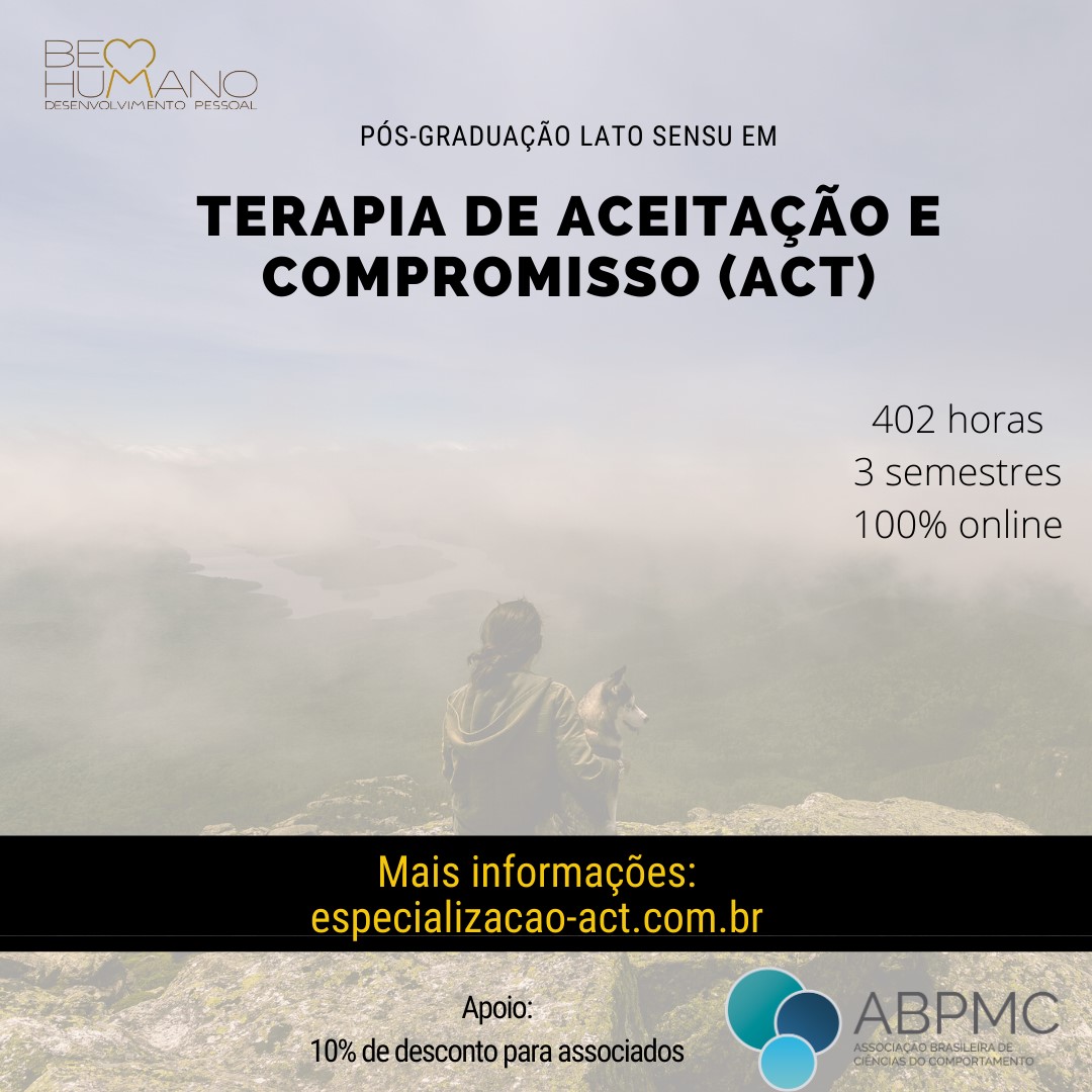 ATENÇÃO!!
Em parceria com a Bem Humano a ABPMC conta com uma (1) bolsa de 100% para o curso de especialização em Terapia de Aceitação e Compromisso.
A bolsa é destinada a graduandos do último ano e recém formado (2 anos).