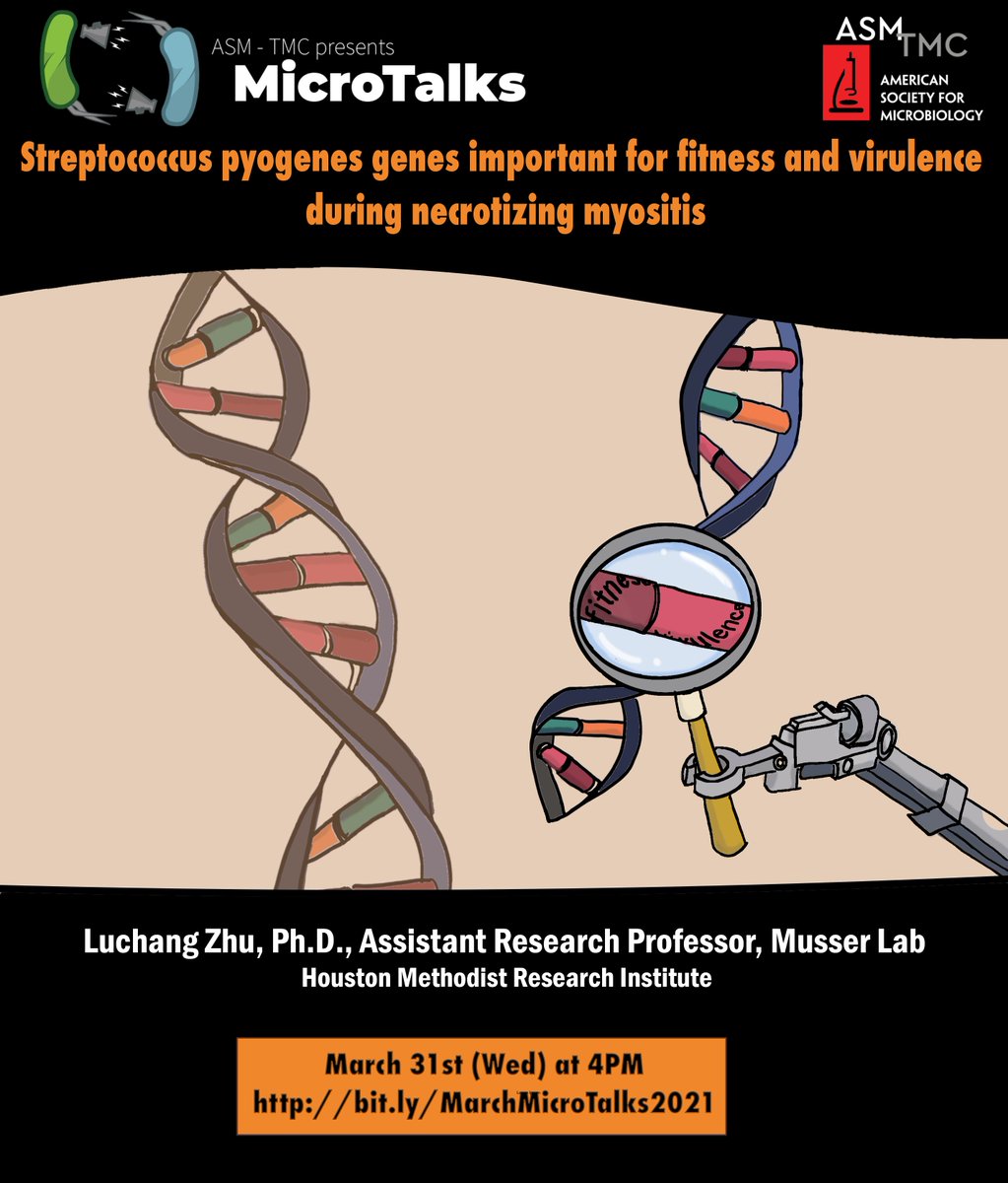 BCM_Microbiome's tweet image. Join us for the next #MicroTalks seminar on March 31st at 4pm CST. &quot;Streptococcus pyogenes genes important for fitness and virulence during necrotizing myositis&quot; Interested in presenting your research for the #Microbiome community? Contact us!