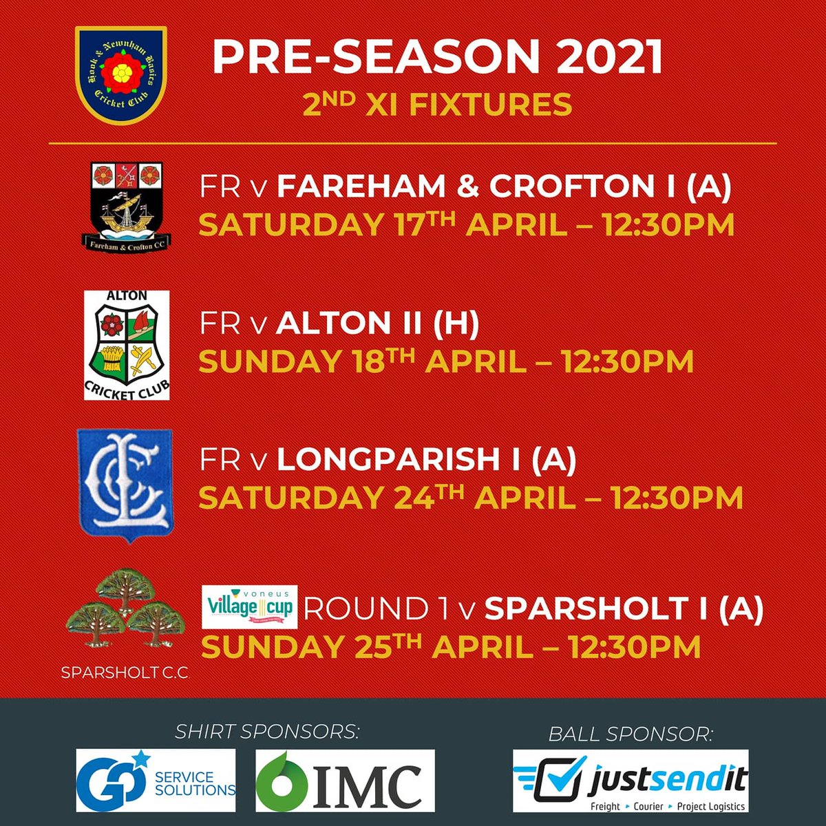 HNBCC1's tweet photo. **PRE-SEASON 2021**
Not long now until our pre-season schedule gets underway.
The 1s take on @BasingstokeCC, @LipandRipCC and @StCrossCC in April.
The 2s face @cricket_fareham, @AltonCricket and @LongparishCC followed by the @TheCricketerNVC R1 game at @SparsholtCC
#HookArmy https://t.co/8k9YU8GTur