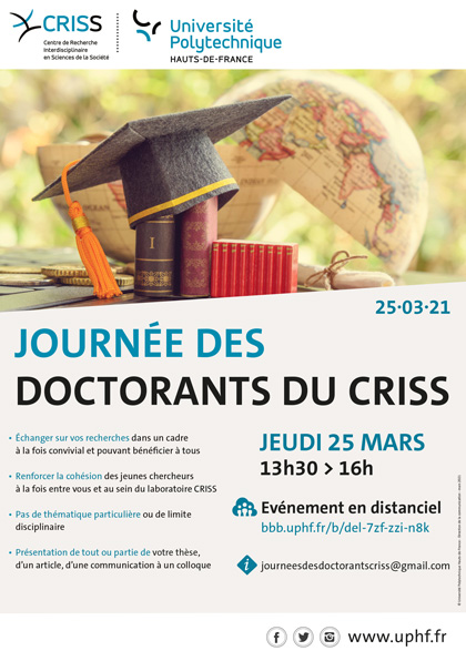 criss_uphf's tweet photo. Le CRISS organise trois journées des doctorants par an. La première aura lieu jeudi 25 mars, de 13h à 16h. Cinq doctorants du CRISS viendront présenter leurs travaux. Pour en savoir plus 👉https://t.co/n6eKi6qgmC https://t.co/iHf5D0KnIE