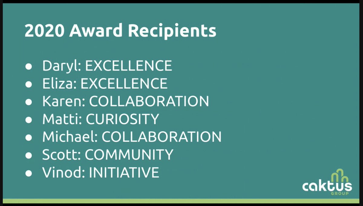 CaktusGroup's tweet photo. We're celebrating our 2020 Exemplary Service Award recipients! 🏆 This annual award is given to Cakti who've been nominated by their peers and who go above &amp; beyond to demonstrate Caktus's core values. Congrats to these superstars! 🌟👏 We couldn't stay sharp without you! https://t.co/WbJzDrKMBr